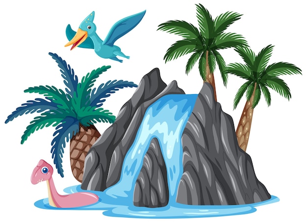 Waterfall with dinosaur in cartoon style