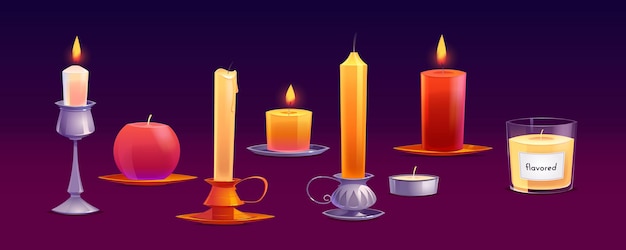 Free Vector wax candles different shapes with fire and flavored paraffin.