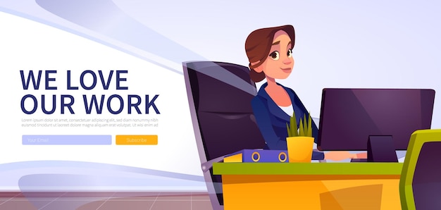 Free Vector we love our work web banner with bank worker woman