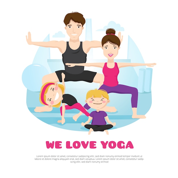 Free vector we love yoga wellness center poster with young family practicing asanas