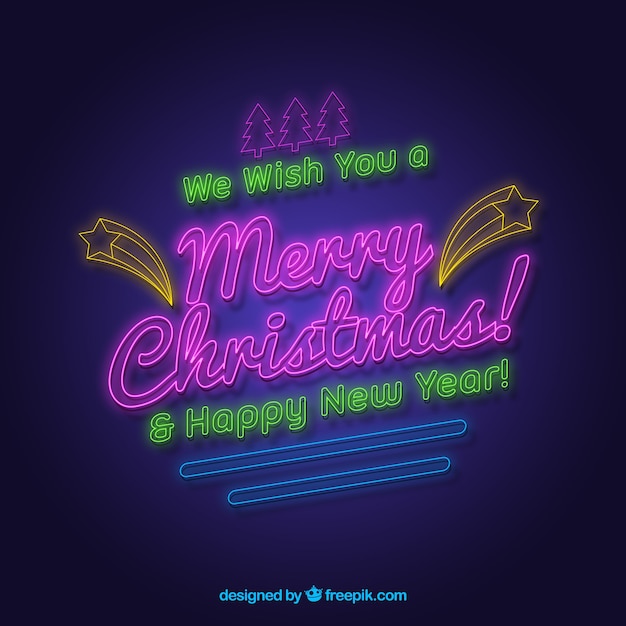 Free Vector we wish you a merry christmas and a happy new year written in neon