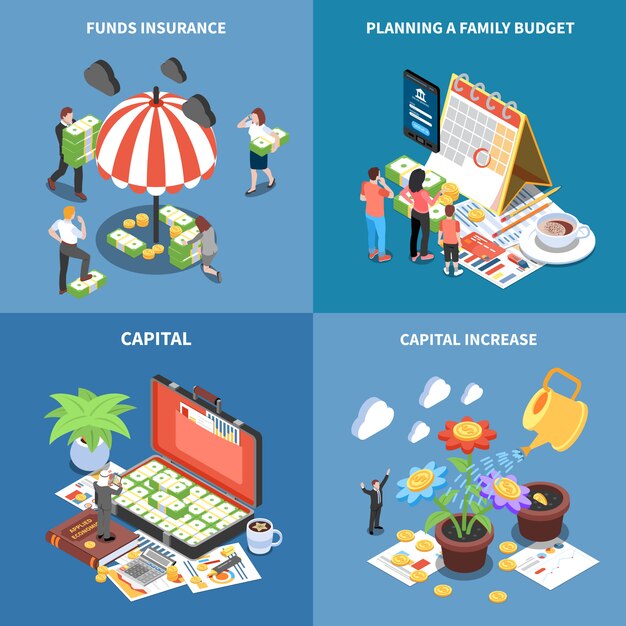 Wealth management isometric concept with money resources funds insurance planning budget capital increase isolated