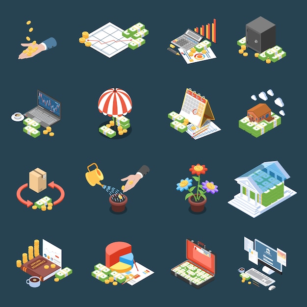 Wealth management isometric icons with financial statistics and operations net profit on dark  isolated