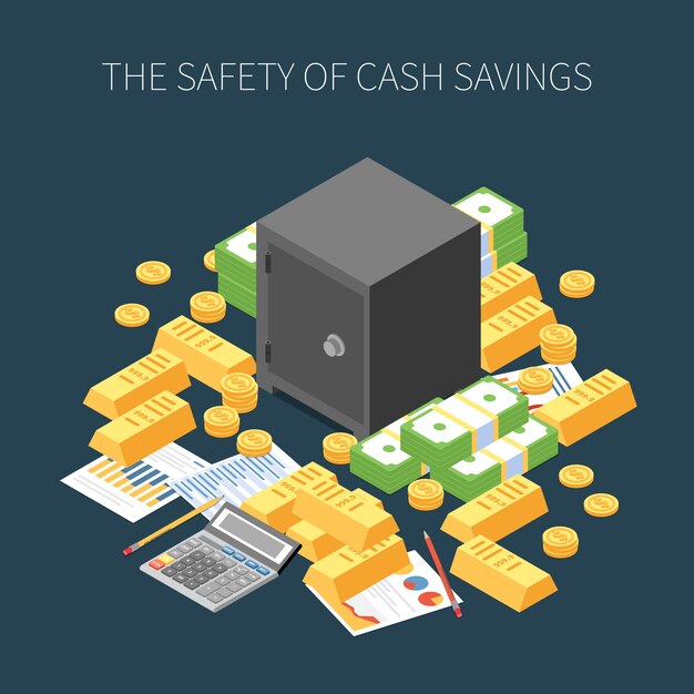 Wealth management safety of cash savings isometric composition on dark