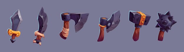 Weapon icons of axe mace sword dagger hammer