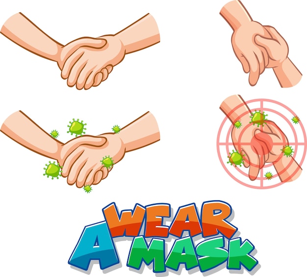 Free Vector wear a mask font design with virus spreads from shaking hands on white background