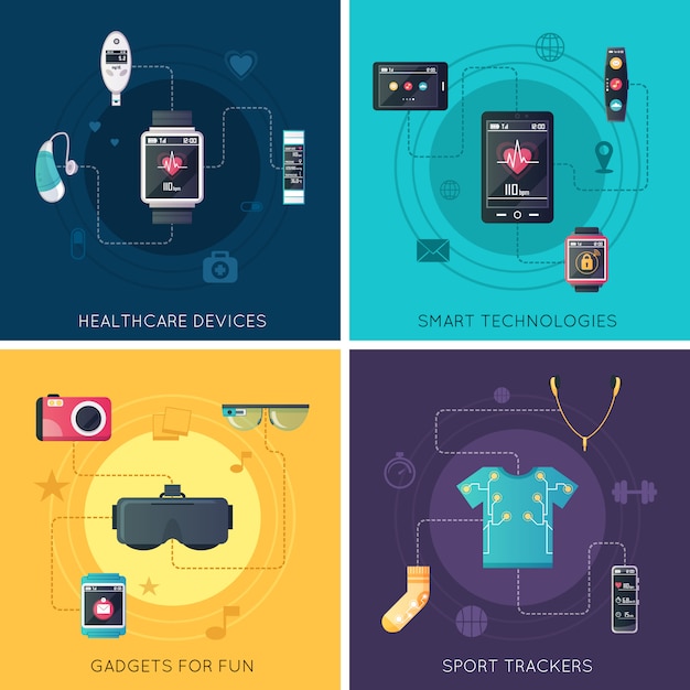 Free Vector wearable tech gadgets flat icons square with augmented reality glasses and fitness tracker