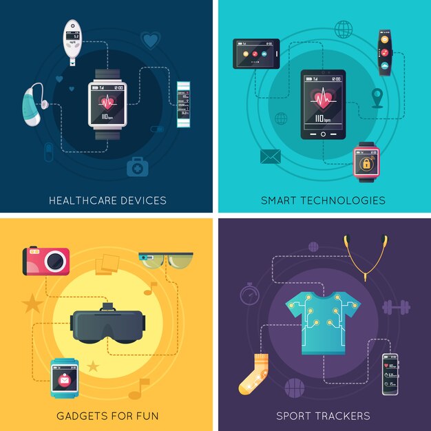 Wearable tech gadgets flat icons square with augmented reality glasses and fitness tracker