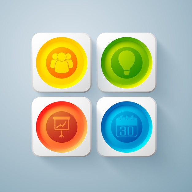 Web abstract business elements with colorful round buttons in square frames and icons isolated