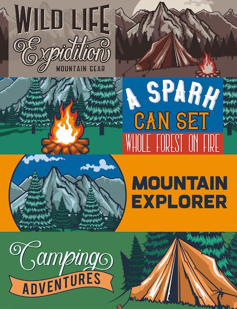 Free Vector web banner template with illustrations of a tant, campfire, forest and rocks.