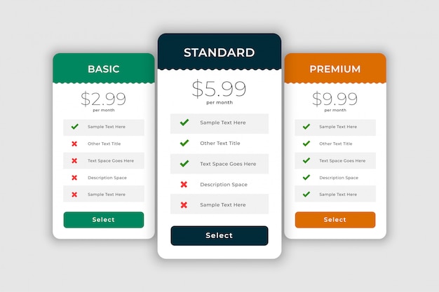 Web comparision boxes for plans and pricing