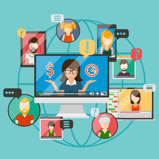 Web conference concept or online internet business communication, web training.   illustration