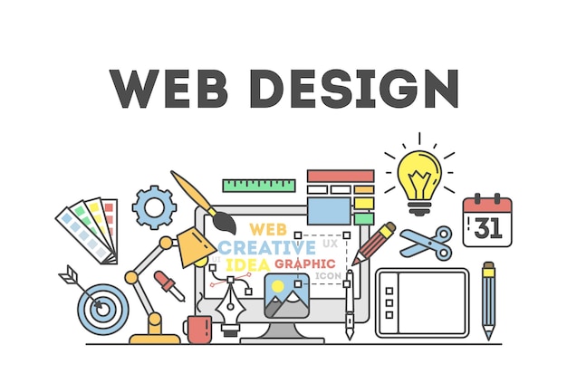 Free vector web design illustration with icons concept of creating websites creating logos and more