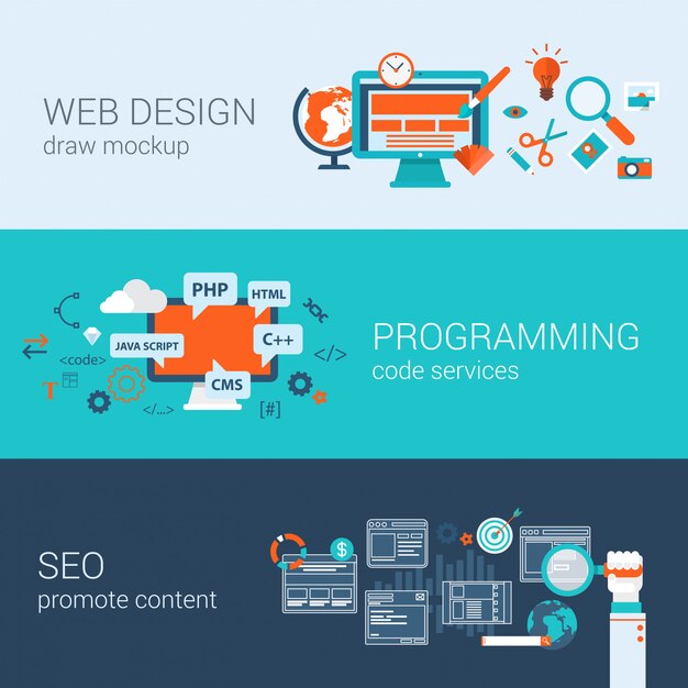 Web design programming SEO concept flat design   illustrations set infographics elements.