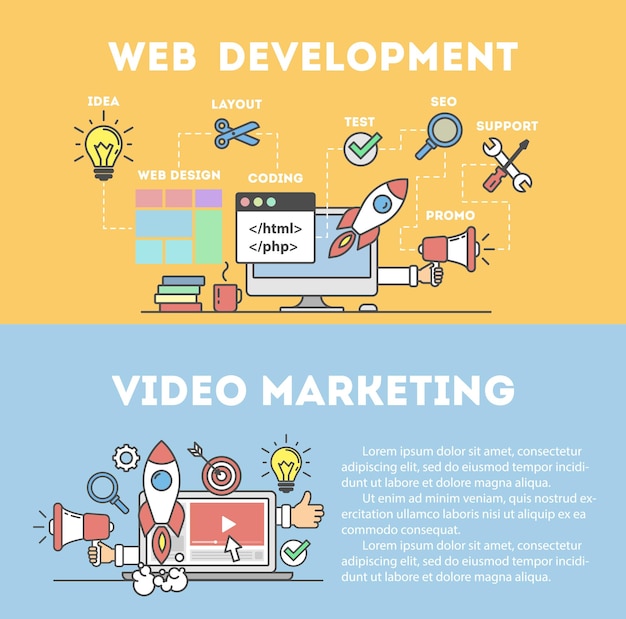 Web development concept and video marketing Computer devices and many icons as rocket magnifyer loudspeaker and more