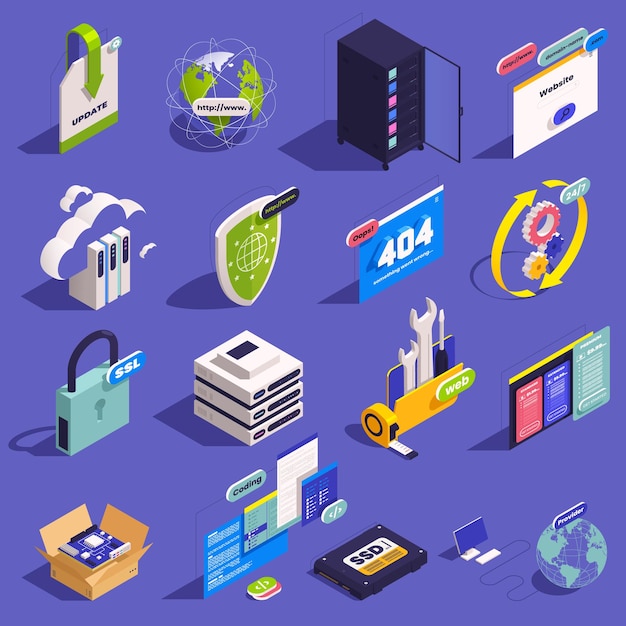 Free Vector web hosting icons isometric set with isolated images of computers data exchange servers locks and shields vector illustration