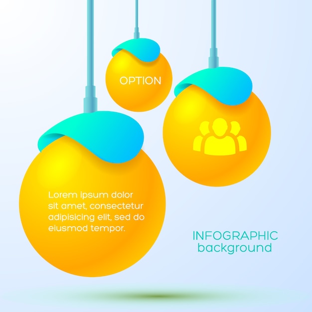 Free Vector web infographic business template with hanging orange three balls with text and team icon