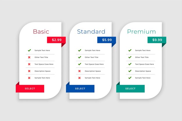 Web pricing comparison boxes table template