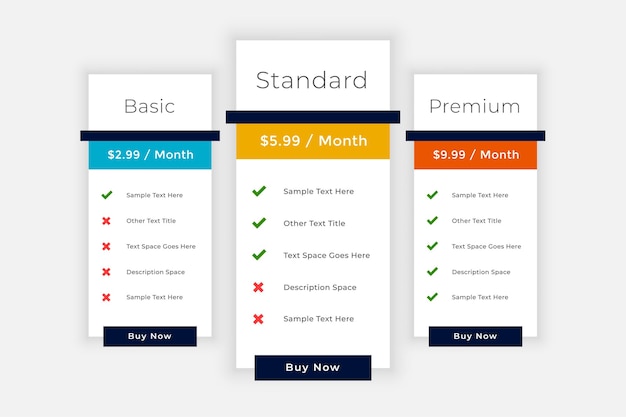 Web pricing table elements comparison box