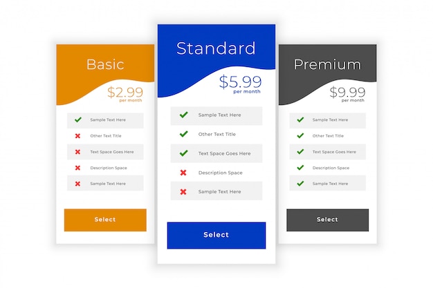 Free vector web pricing table template for service comparison