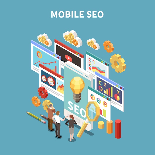 Web SEO isometric and colored composition with mobile seo description and business meeting or brainstorming situation  illustration