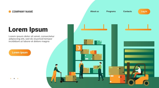 Free vector web template or landing page with illustration of logistic workers carrying boxes with loaders in warehouse