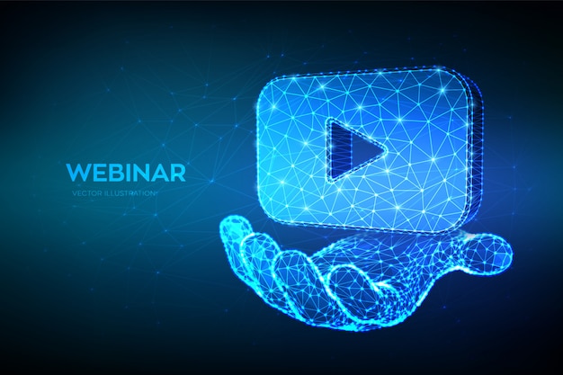 Webinar. Abstract Low Polygonal webinar or video icon in hand.