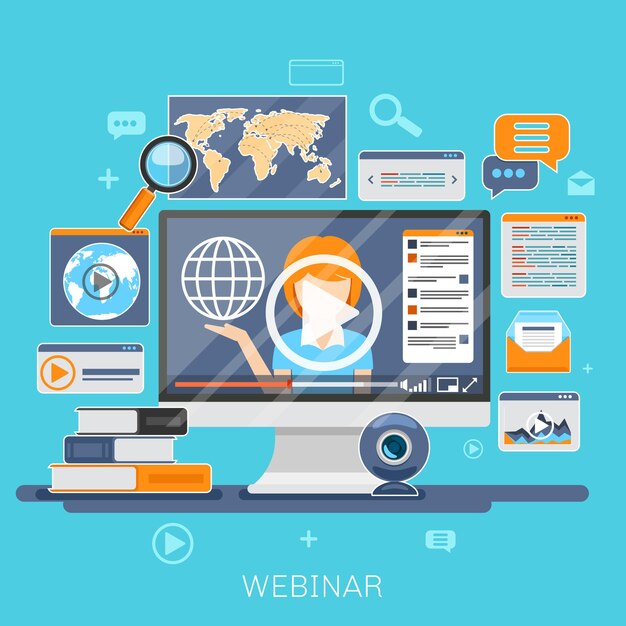 Webinar concept. Online education, e-training, internet learning, web seminar   illustration