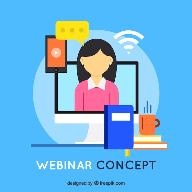 Webinar concept with woman in computer