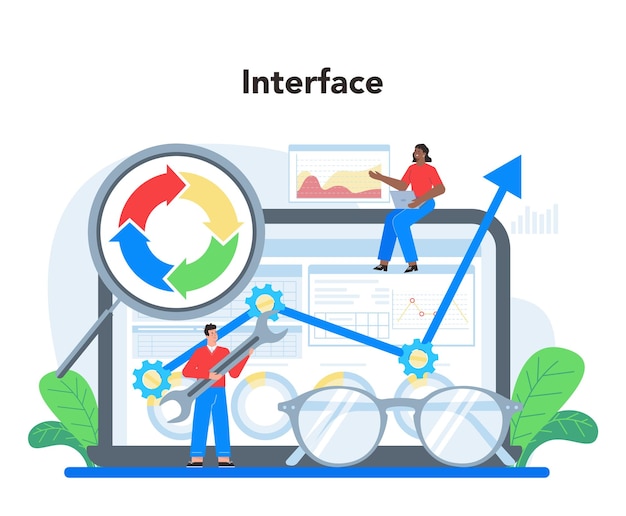 Website analyst online service or platform Web page improvement for business promotion and optimization Work interface Isolated flat illustration