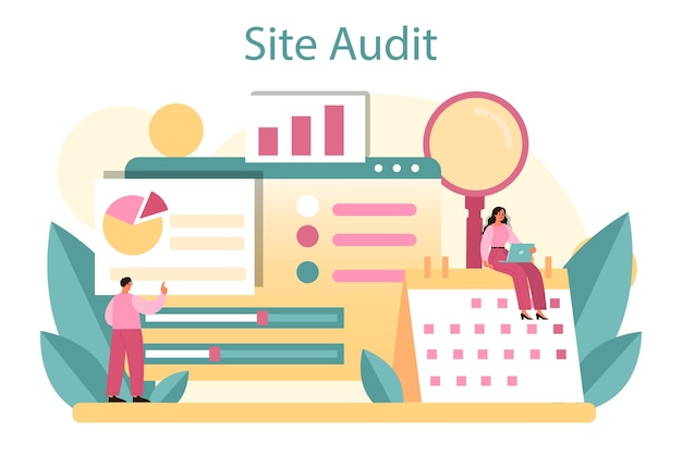 Website audit concept Web page analysis of website's visibility in search engines SEO audit web data analytics Isolated flat vector illustration