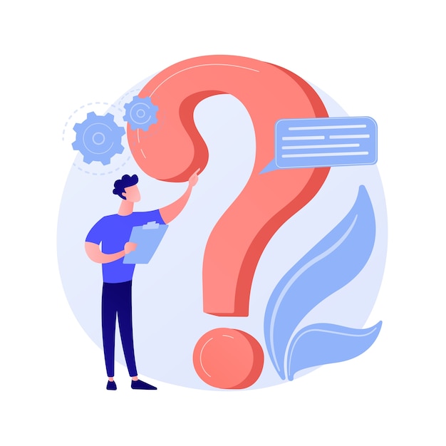 Website FAQ section. User help desk, customer support, frequently asked questions. Problem solution, quiz game Confused man cartoon character.