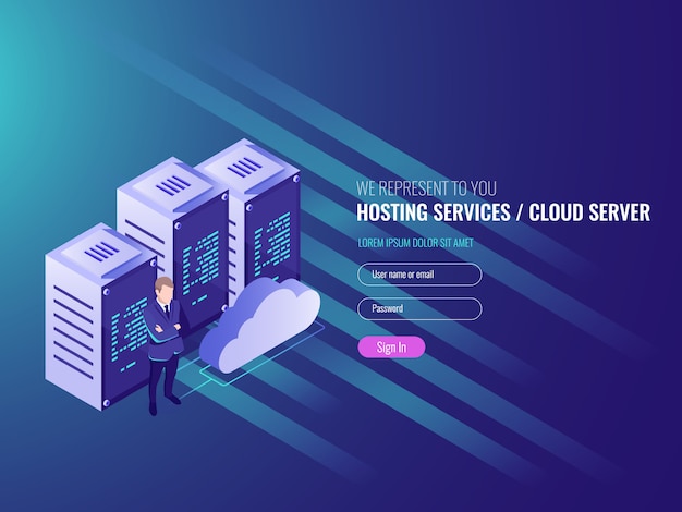 Website hosting isometric, cryptocurrency and blockchain concept.