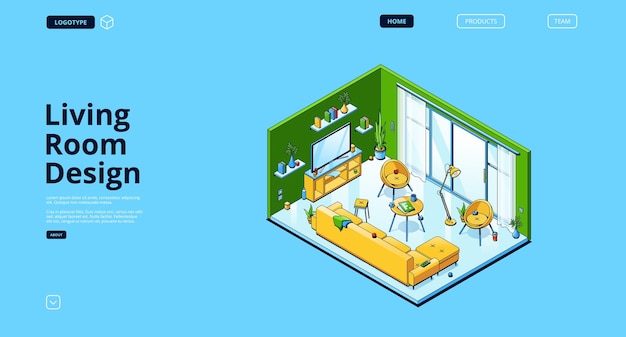 Website layout with isometric living room