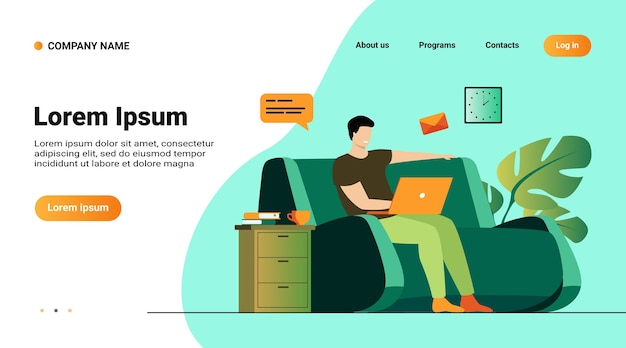 Website template, landing page with illustration of Cartoon man sitting at home with laptop isolated flat vector illustration