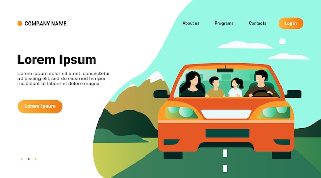 Website template, landing page with illustration of Happy family travelling in automobile isolated flat vector illustration