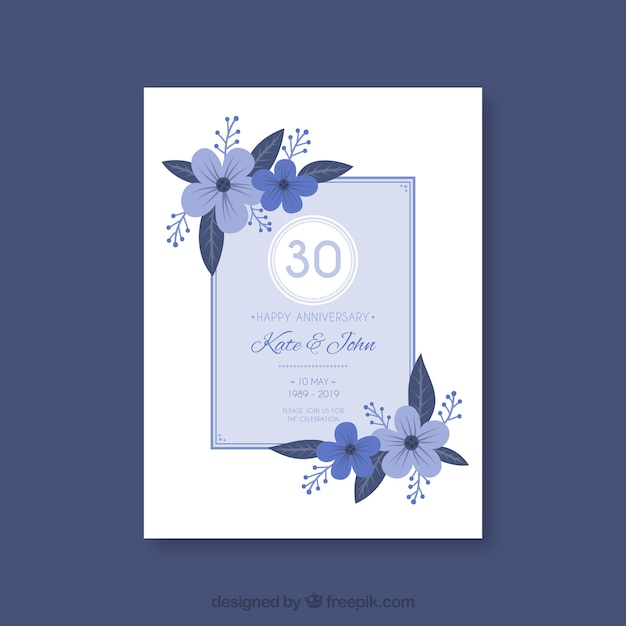 Free vector wedding anniversary card with blue flowers