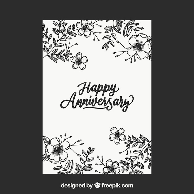 Wedding anniversary card with flowers in hand drawn style