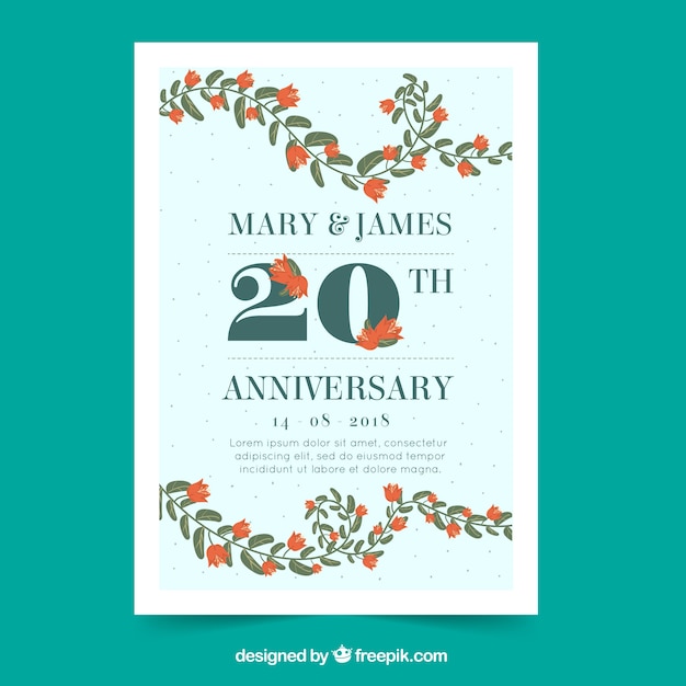 Free vector wedding anniversary card with flowers