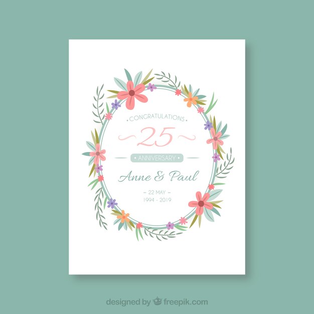 Wedding anniversary card with wreath of flowers