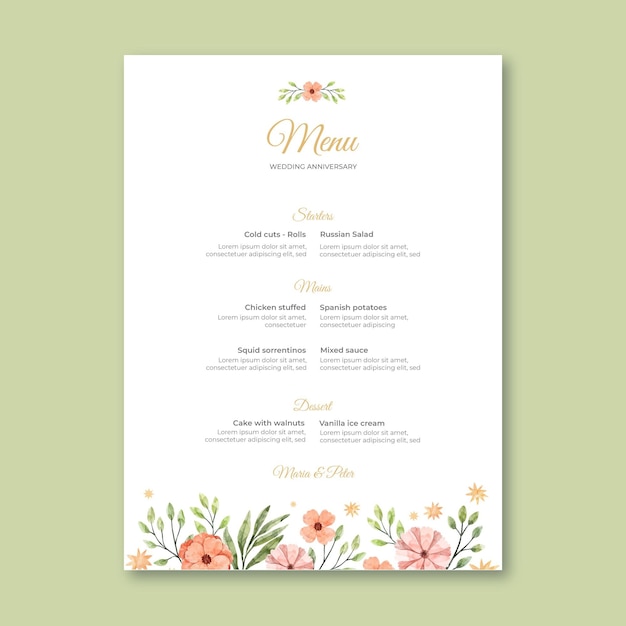 Wedding anniversary menu template