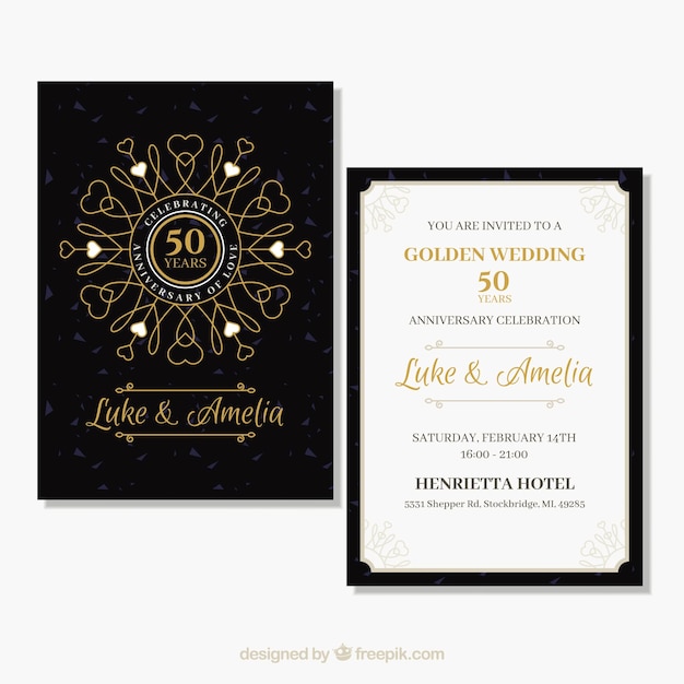 Wedding anniversaty card with golden ornaments