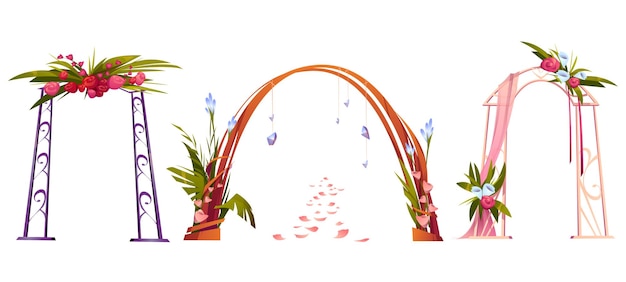 Wedding arches decorated with flowers, leaves