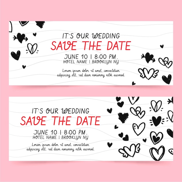 Wedding banners template with doodled hearts