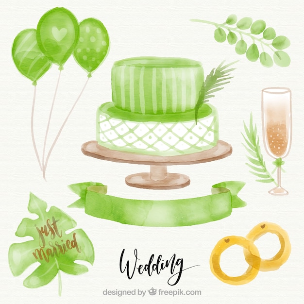 Wedding cake background with rings and watercolor objects