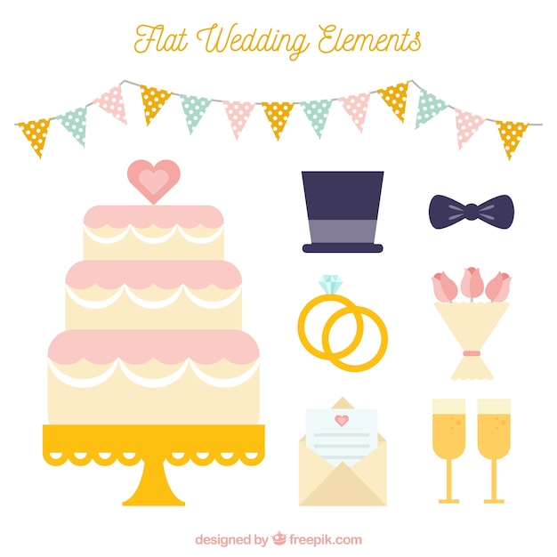 Free Vector wedding cake with accessories in flat design