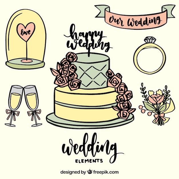 Free Vector wedding cake with other hand drawn elements