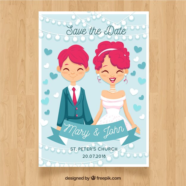 Wedding card template with flat characters