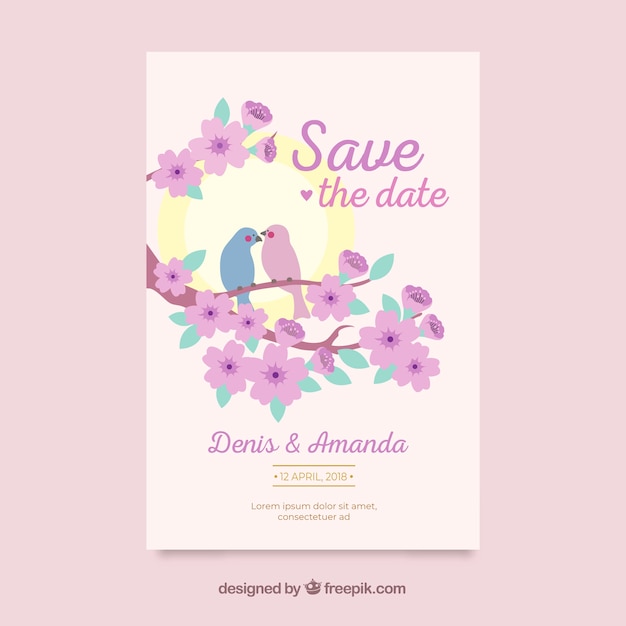 Wedding card template with flat flowers