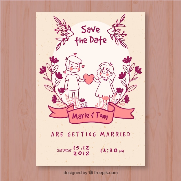 Free Vector wedding card template with hand drawn characters